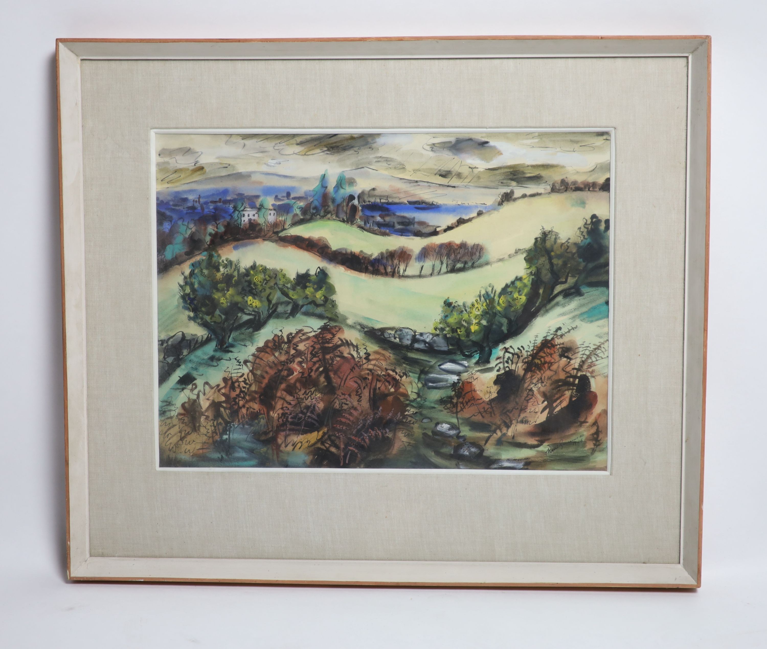 H. Guinness, ink and watercolour, Rolling landscape, signed and dated 1946, 41 x 54cm